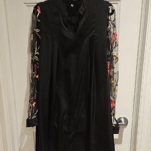 Elegant Black Dress with Floral Embroidered Sleeves